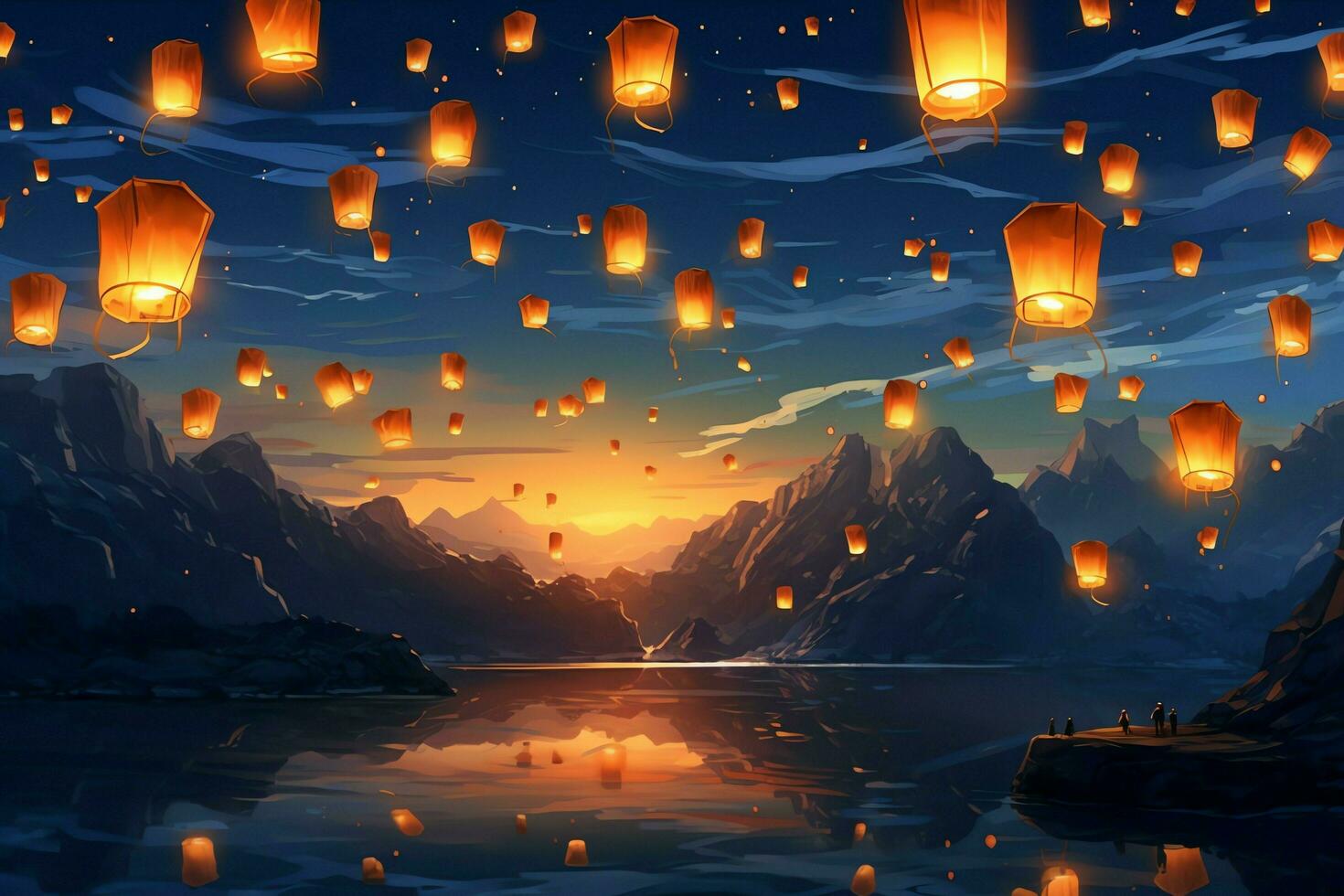 Flying lanterns in the night sky during the diwali festival india, yee peng or midautumn day in china concept by AI Generated photo