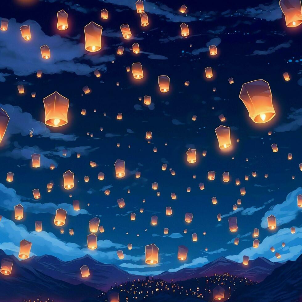 Flying lanterns in the night sky during the diwali festival india, yee peng or midautumn day in china concept by AI Generated photo