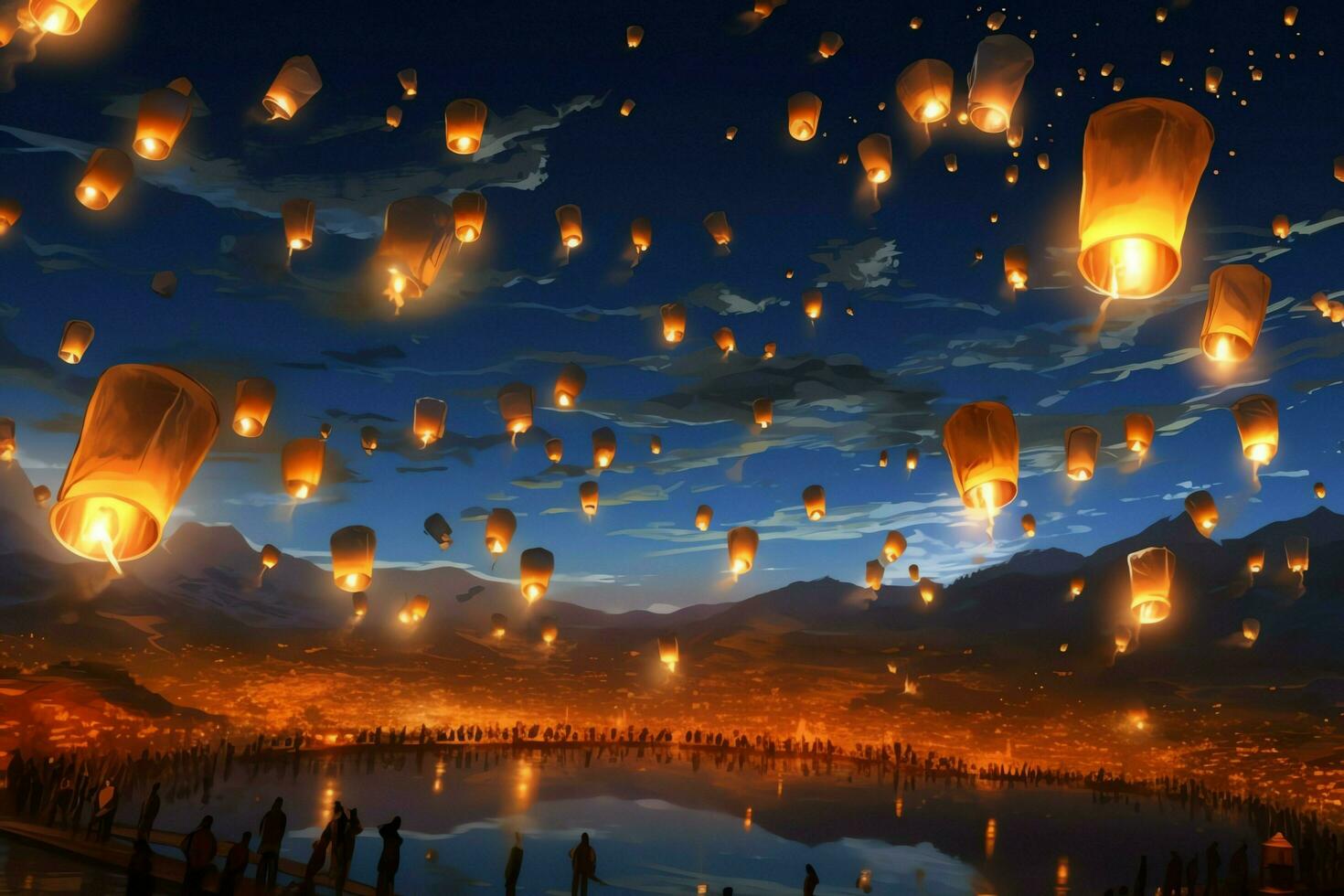 Flying lanterns in the night sky during the diwali festival india, yee peng or midautumn day in china concept by AI Generated photo