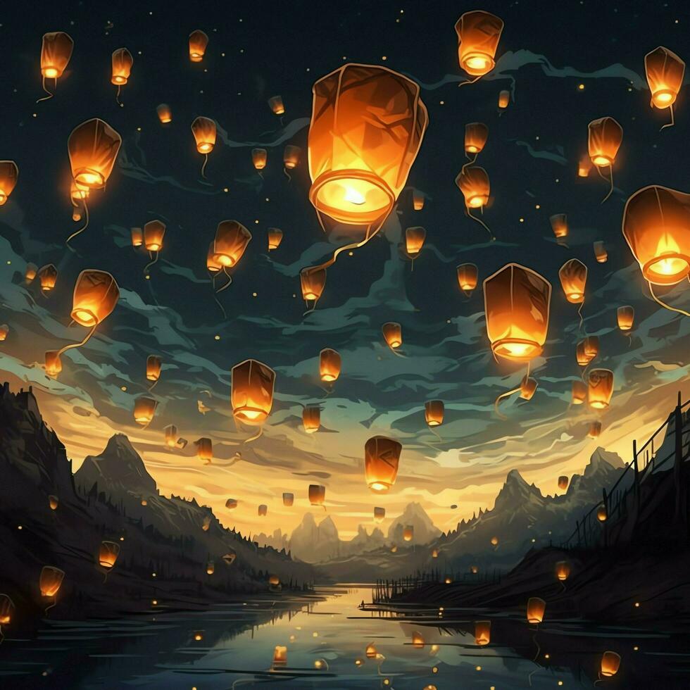 Flying lanterns in the night sky during the diwali festival india, yee peng or midautumn day in china concept by AI Generated photo