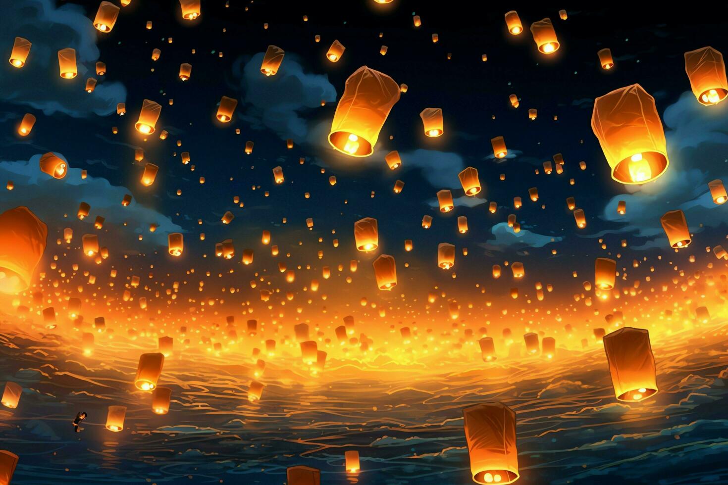 Flying lanterns in the night sky during the diwali festival india, yee peng or midautumn day in china concept by AI Generated photo