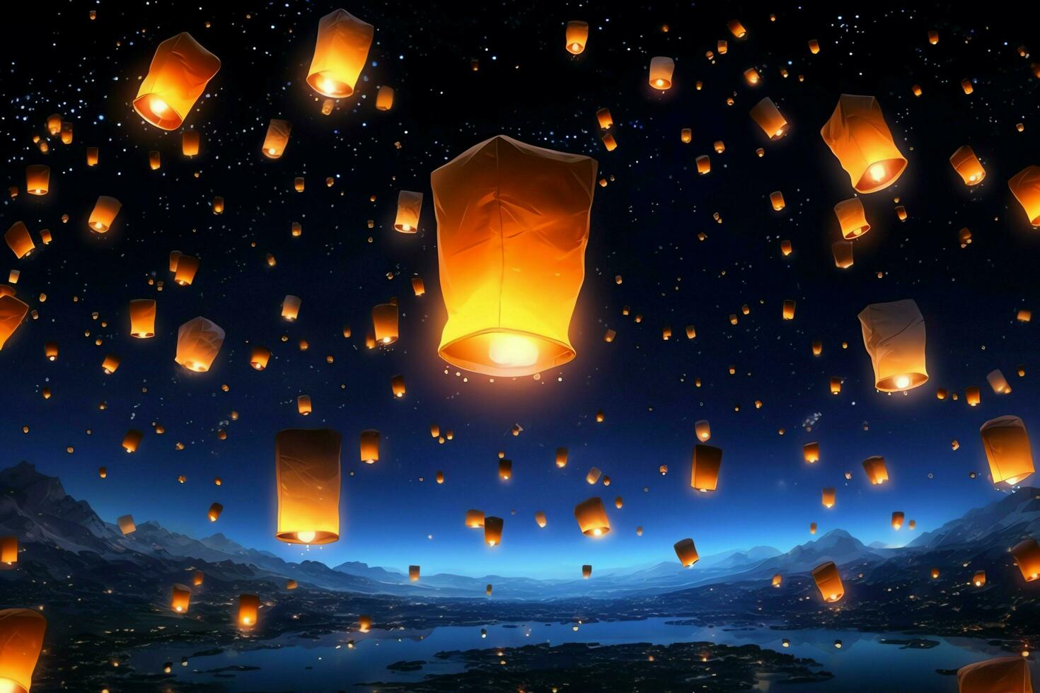 Flying lanterns in the night sky during the diwali festival india, yee peng or midautumn day in china concept by AI Generated photo