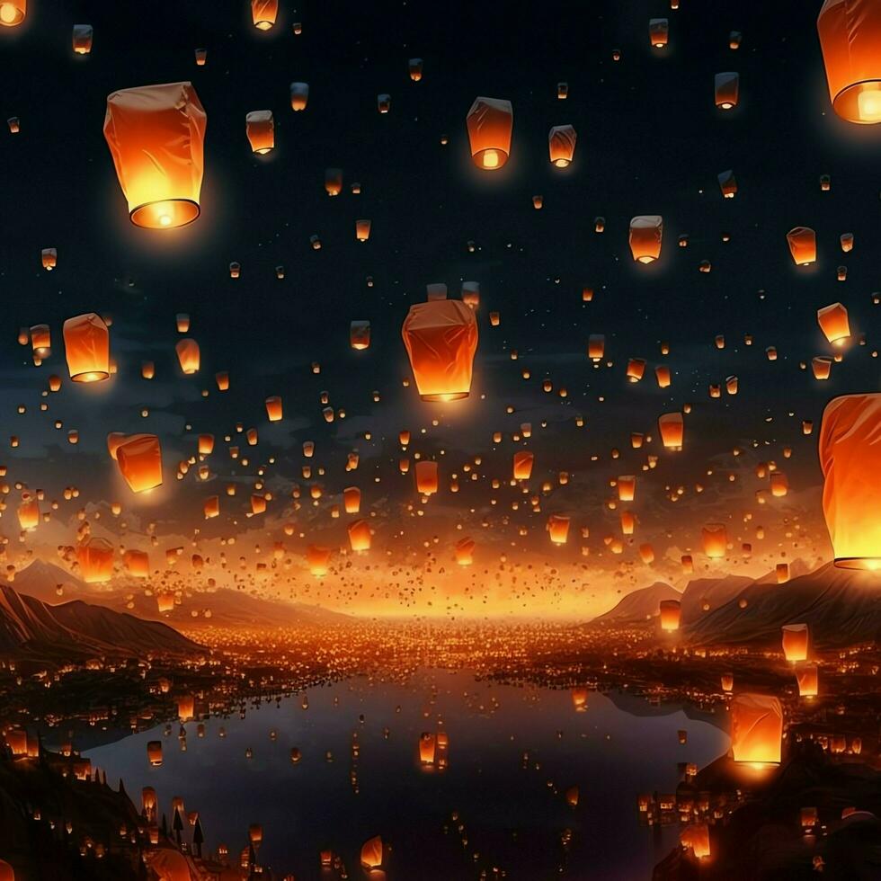 Flying lanterns in the night sky during the diwali festival india, yee peng or midautumn day in china concept by AI Generated photo