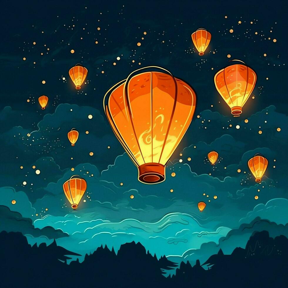 Flying lanterns in the night sky during the diwali festival india, yee peng or midautumn day in china concept by AI Generated photo