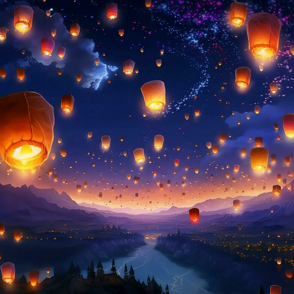 Flying lanterns in the night sky during the diwali festival india, yee peng or midautumn day in china concept by AI Generated photo