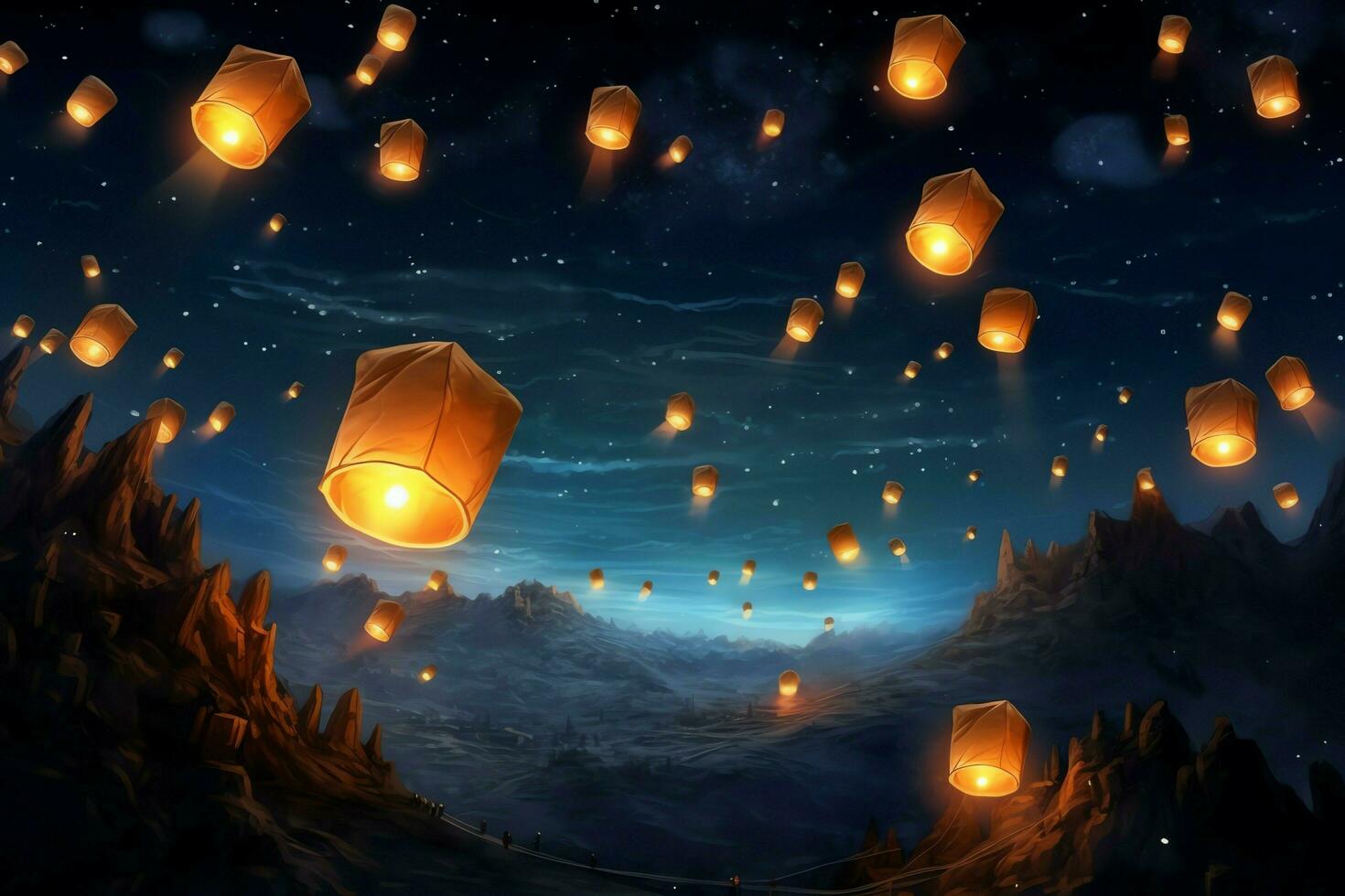 Flying lanterns in the night sky during the diwali festival india, yee peng or midautumn day in china concept by AI Generated photo