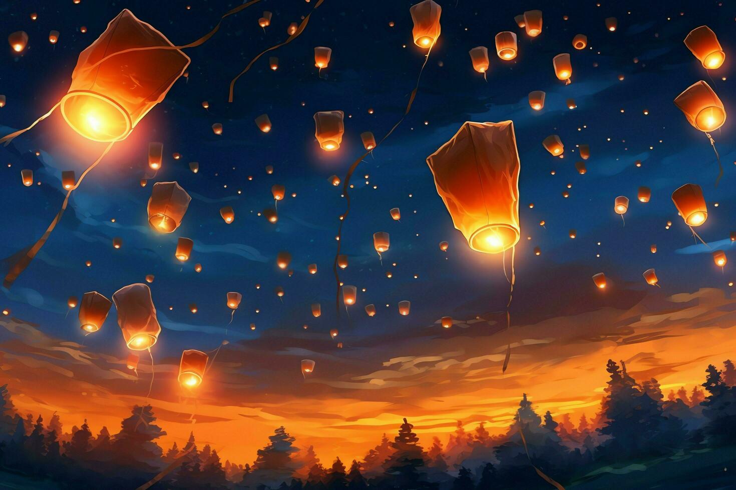 Flying lanterns in the night sky during the diwali festival india, yee peng or midautumn day in china concept by AI Generated photo