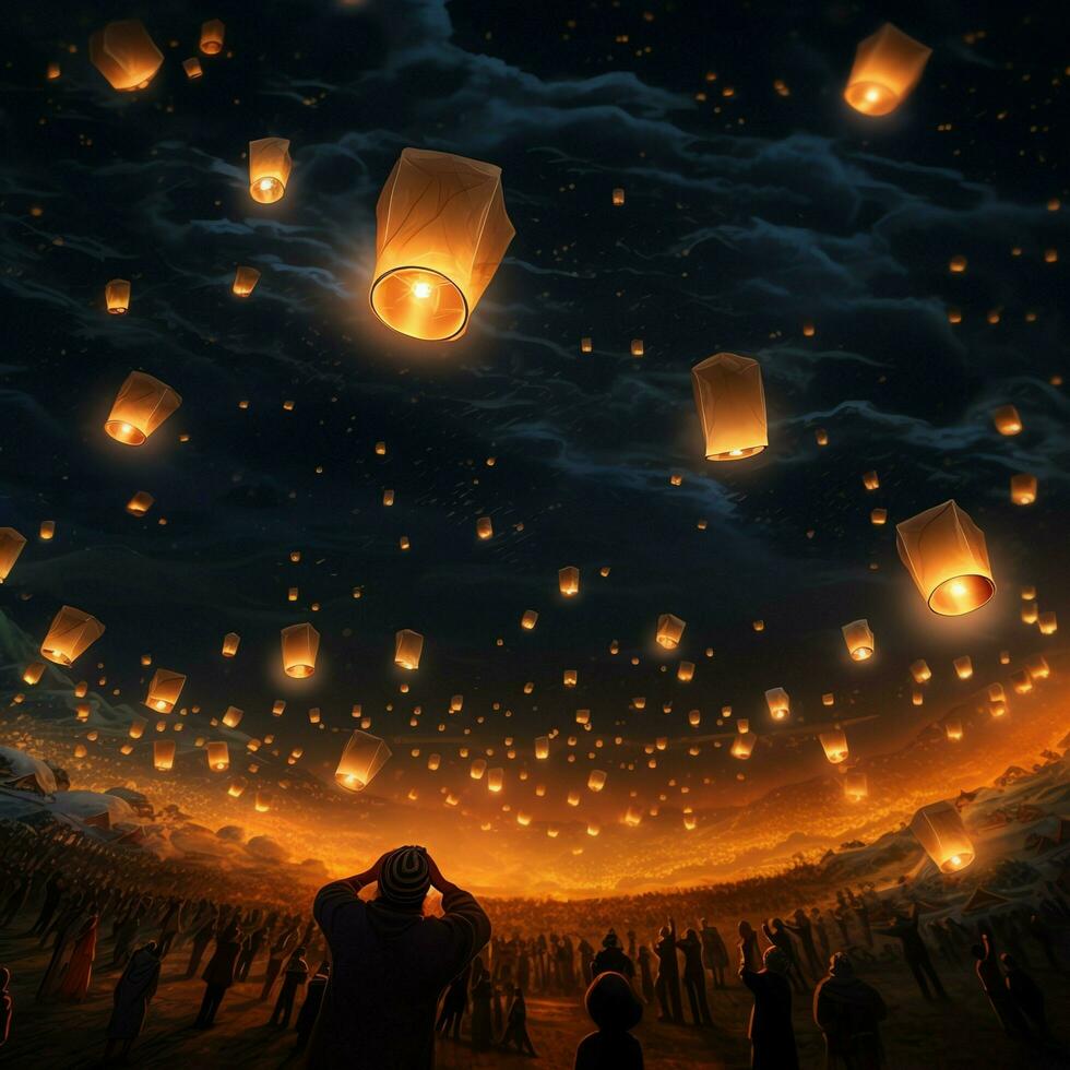 Flying lanterns in the night sky during the diwali festival india, yee peng or midautumn day in china concept by AI Generated photo