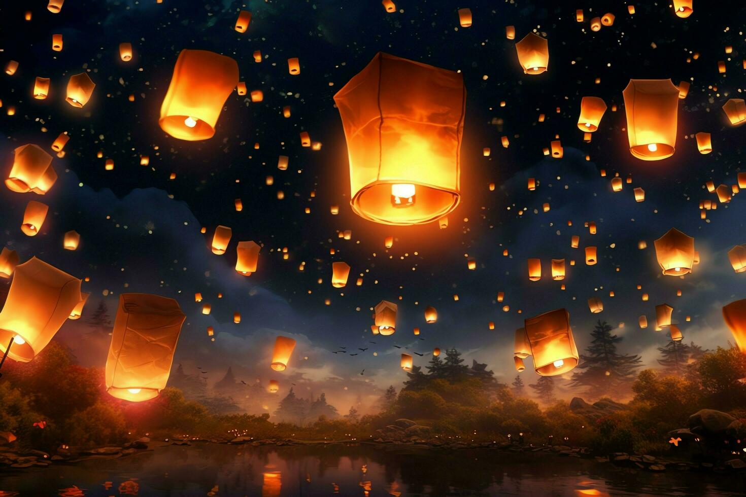 Flying lanterns in the night sky during the diwali festival india, yee peng or midautumn day in china concept by AI Generated photo