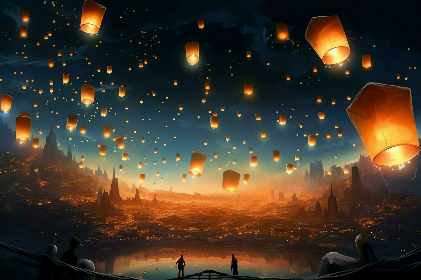 Flying lanterns in the night sky during the diwali festival india, yee peng or midautumn day in china concept by AI Generated photo