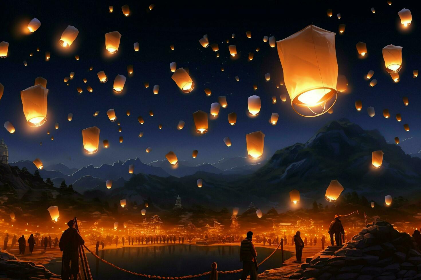 Flying lanterns in the night sky during the diwali festival india, yee peng or midautumn day in china concept by AI Generated photo