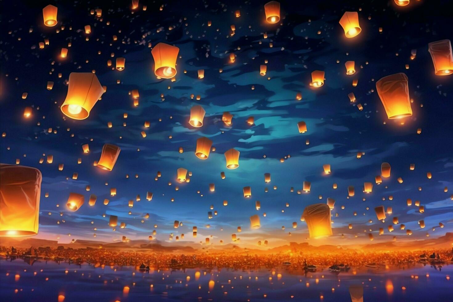 Flying lanterns in the night sky during the diwali festival india, yee peng or midautumn day in china concept by AI Generated photo