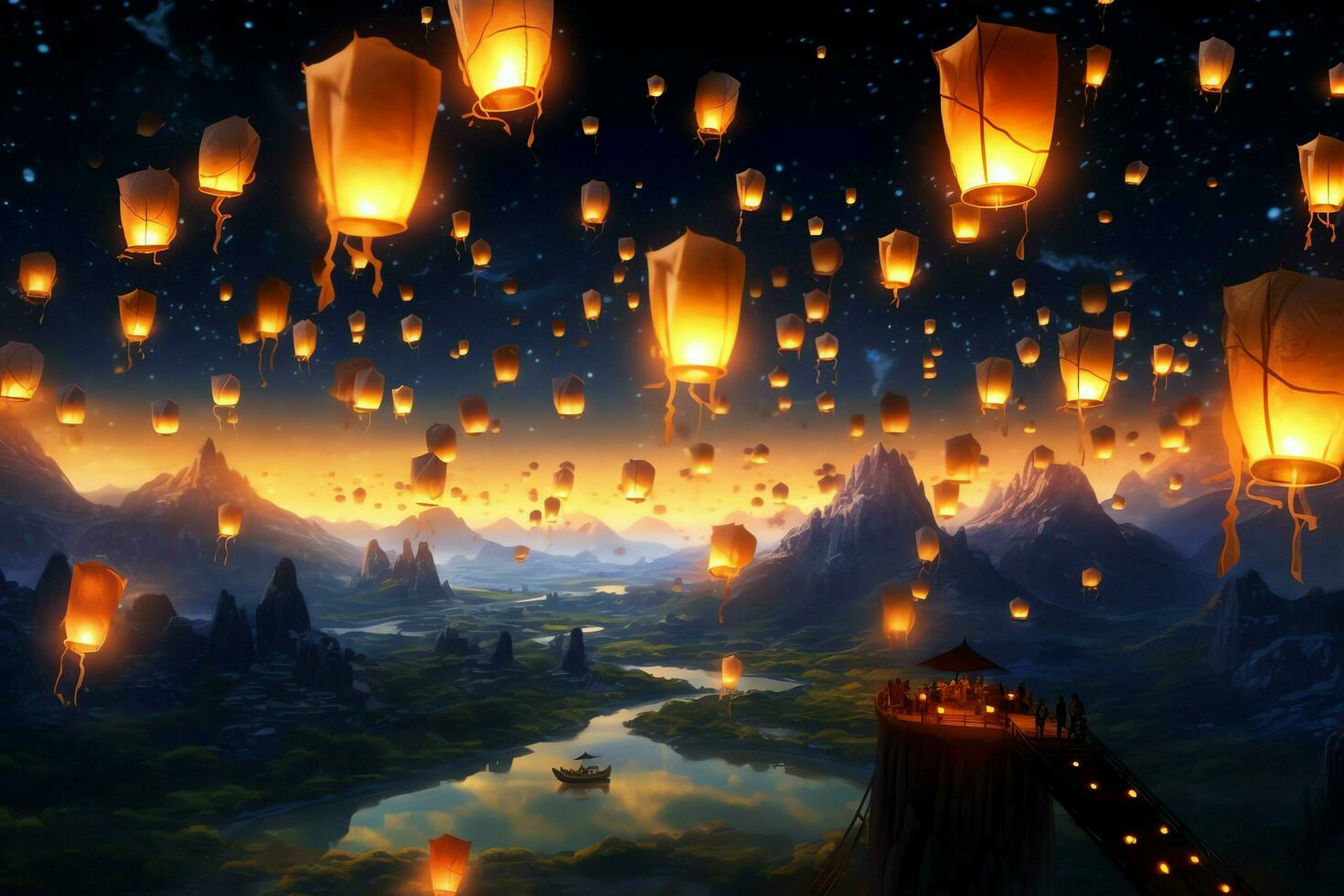 Flying lanterns in the night sky during the diwali festival india, yee peng or midautumn day in china concept by AI Generated photo