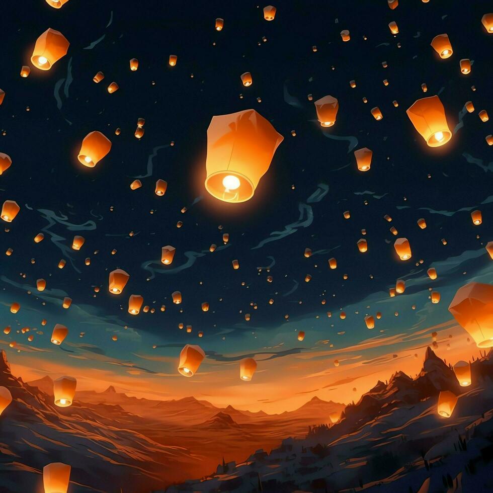 Flying lanterns in the night sky during the diwali festival india, yee peng or midautumn day in china concept by AI Generated photo