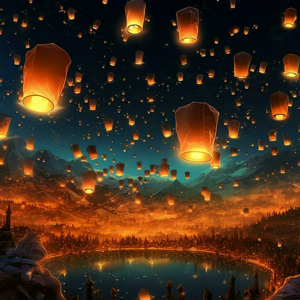 Flying lanterns in the night sky during the diwali festival india, yee peng or midautumn day in china concept by AI Generated photo