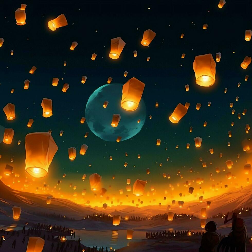 Flying lanterns in the night sky during the diwali festival india, yee peng or midautumn day in china concept by AI Generated photo