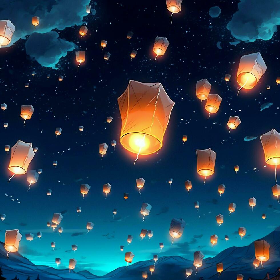 Flying lanterns in the night sky during the diwali festival india, yee peng or midautumn day in china concept by AI Generated photo