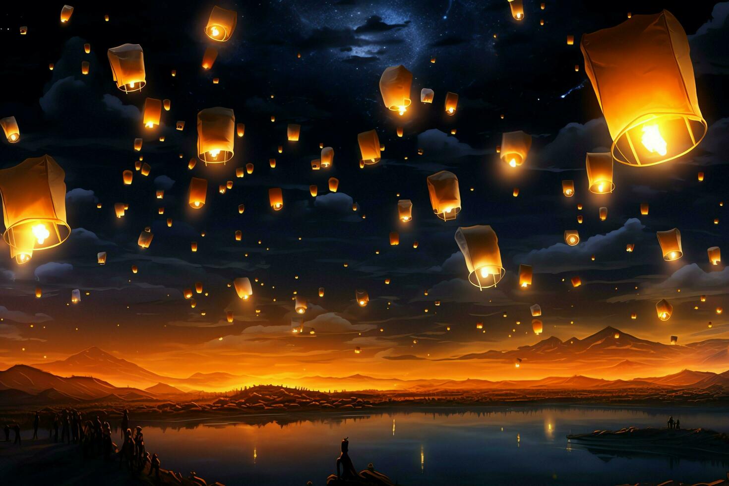 Flying lanterns in the night sky during the diwali festival india, yee peng or midautumn day in china concept by AI Generated photo