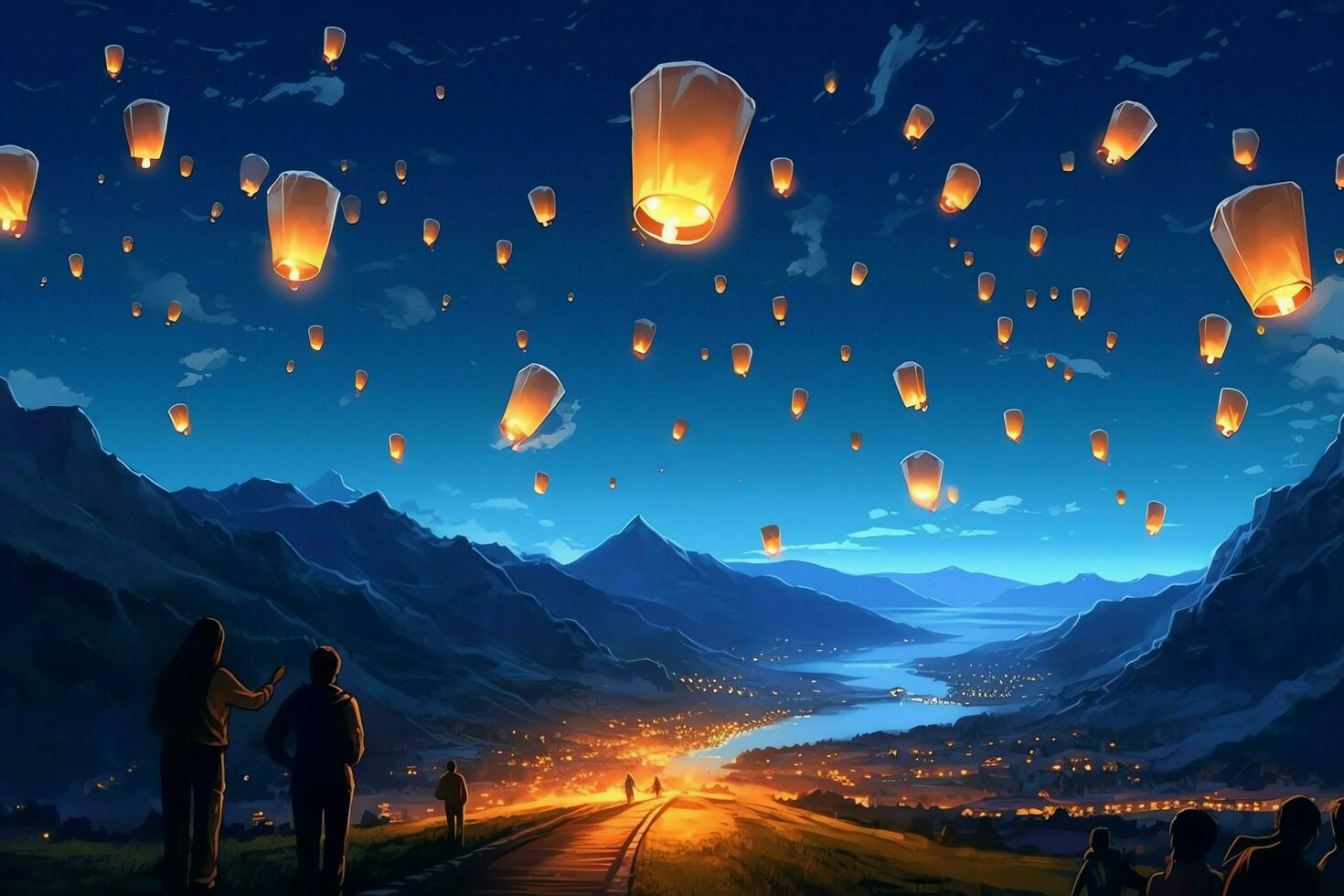 Flying lanterns in the night sky during the diwali festival india, yee peng or midautumn day in china concept by AI Generated photo