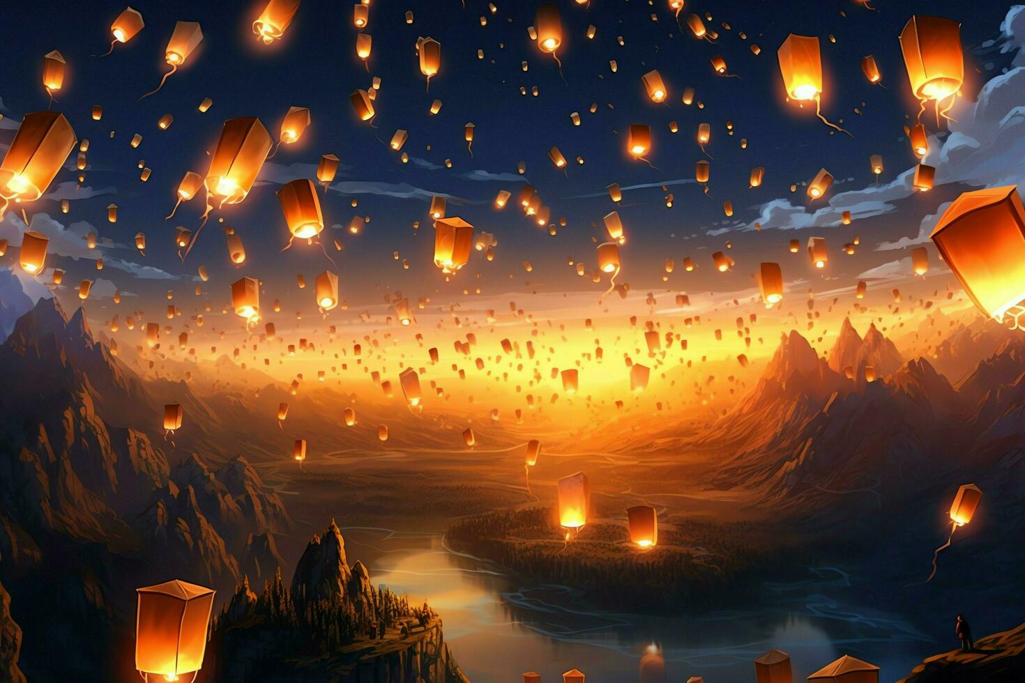Flying lanterns in the night sky during the diwali festival india, yee peng or midautumn day in china concept by AI Generated photo