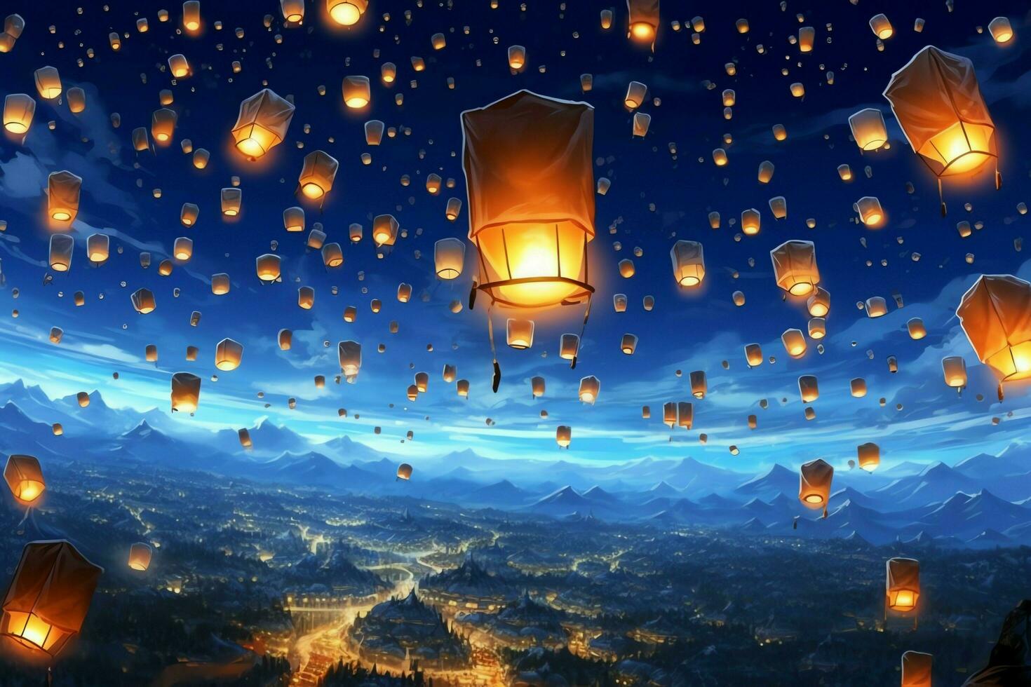 Flying lanterns in the night sky during the diwali festival india, yee peng or midautumn day in china concept by AI Generated photo