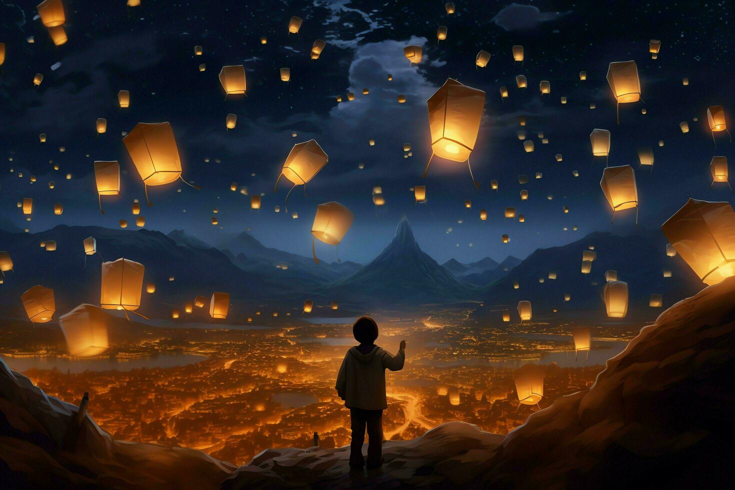 Flying lanterns in the night sky during the diwali festival india, yee peng or midautumn day in china concept by AI Generated photo