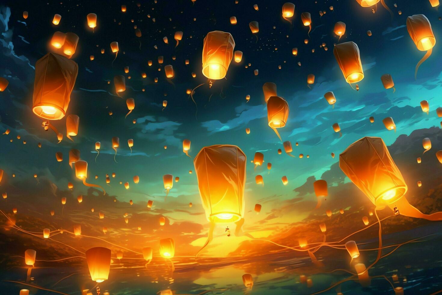 Flying lanterns in the night sky during the diwali festival india, yee peng or midautumn day in china concept by AI Generated photo
