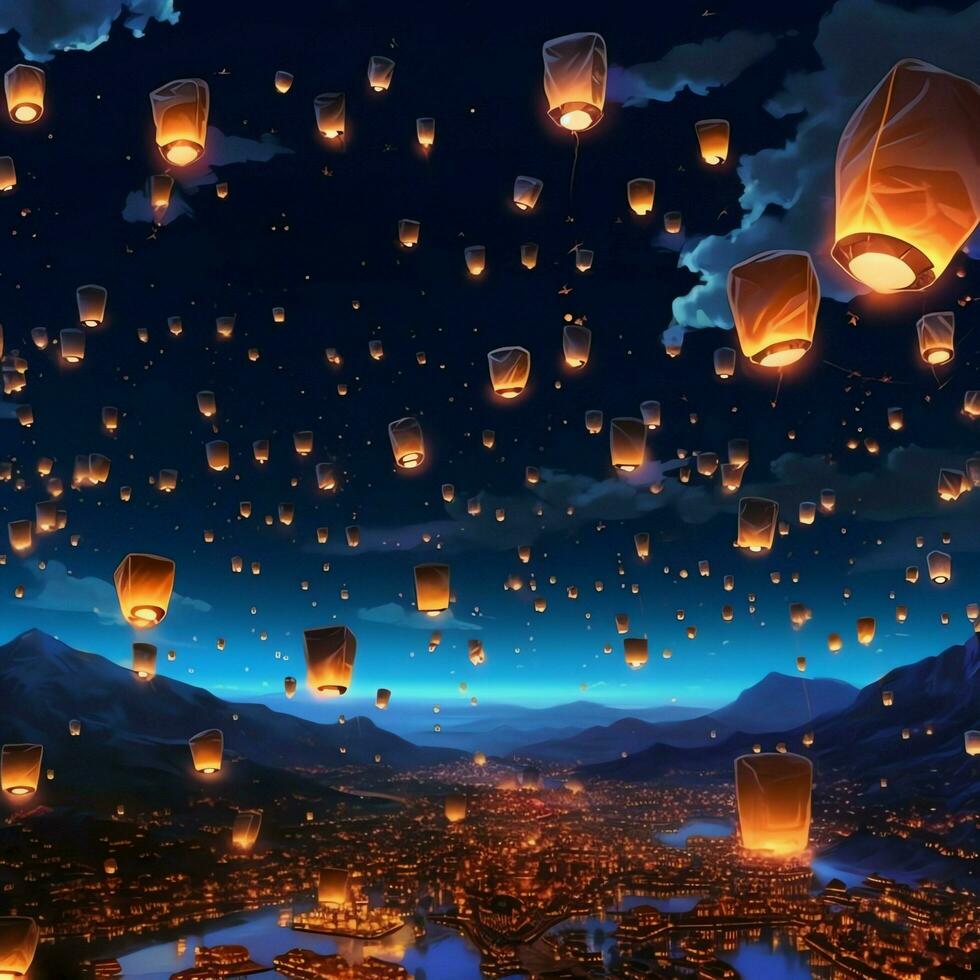 Flying lanterns in the night sky during the diwali festival india, yee peng or midautumn day in china concept by AI Generated photo