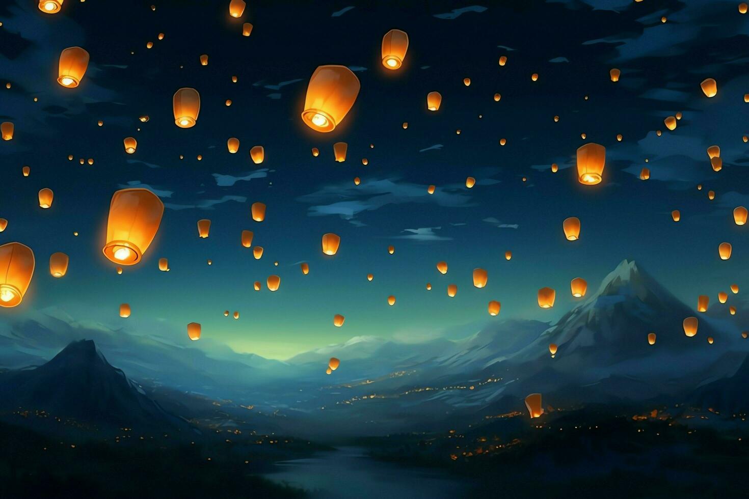 Flying lanterns in the night sky during the diwali festival india, yee peng or midautumn day in china concept by AI Generated photo