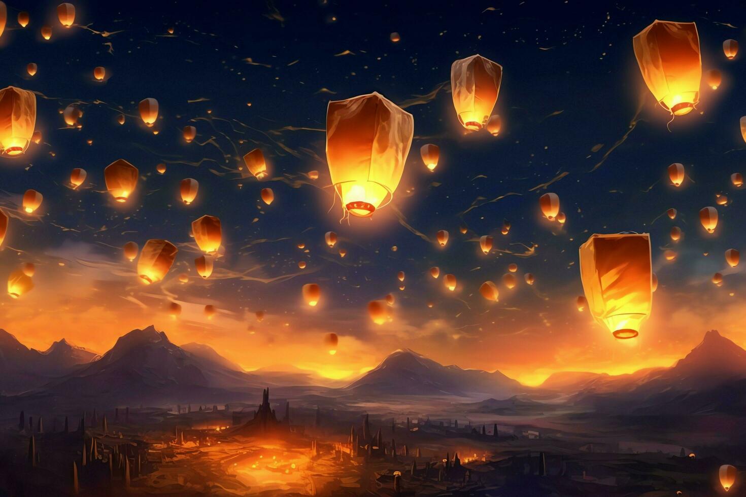 Flying lanterns in the night sky during the diwali festival india, yee peng or midautumn day in china concept by AI Generated photo