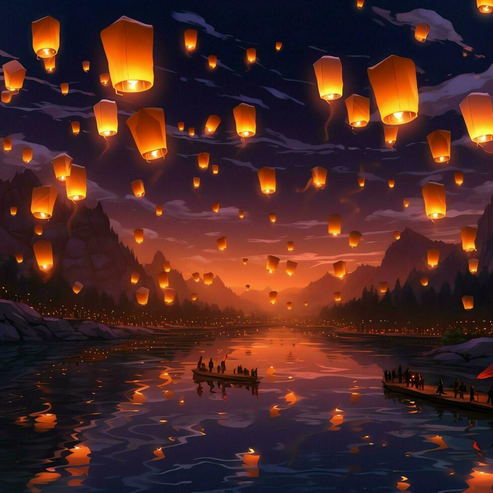 Flying lanterns in the night sky during the diwali festival india, yee peng or midautumn day in china concept by AI Generated photo