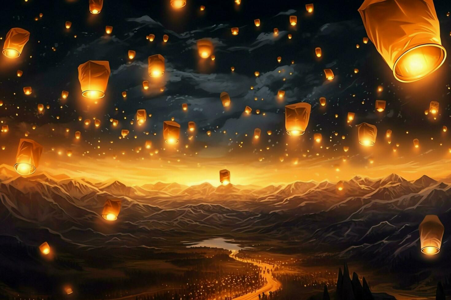Flying lanterns in the night sky during the diwali festival india, yee peng or midautumn day in china concept by AI Generated photo