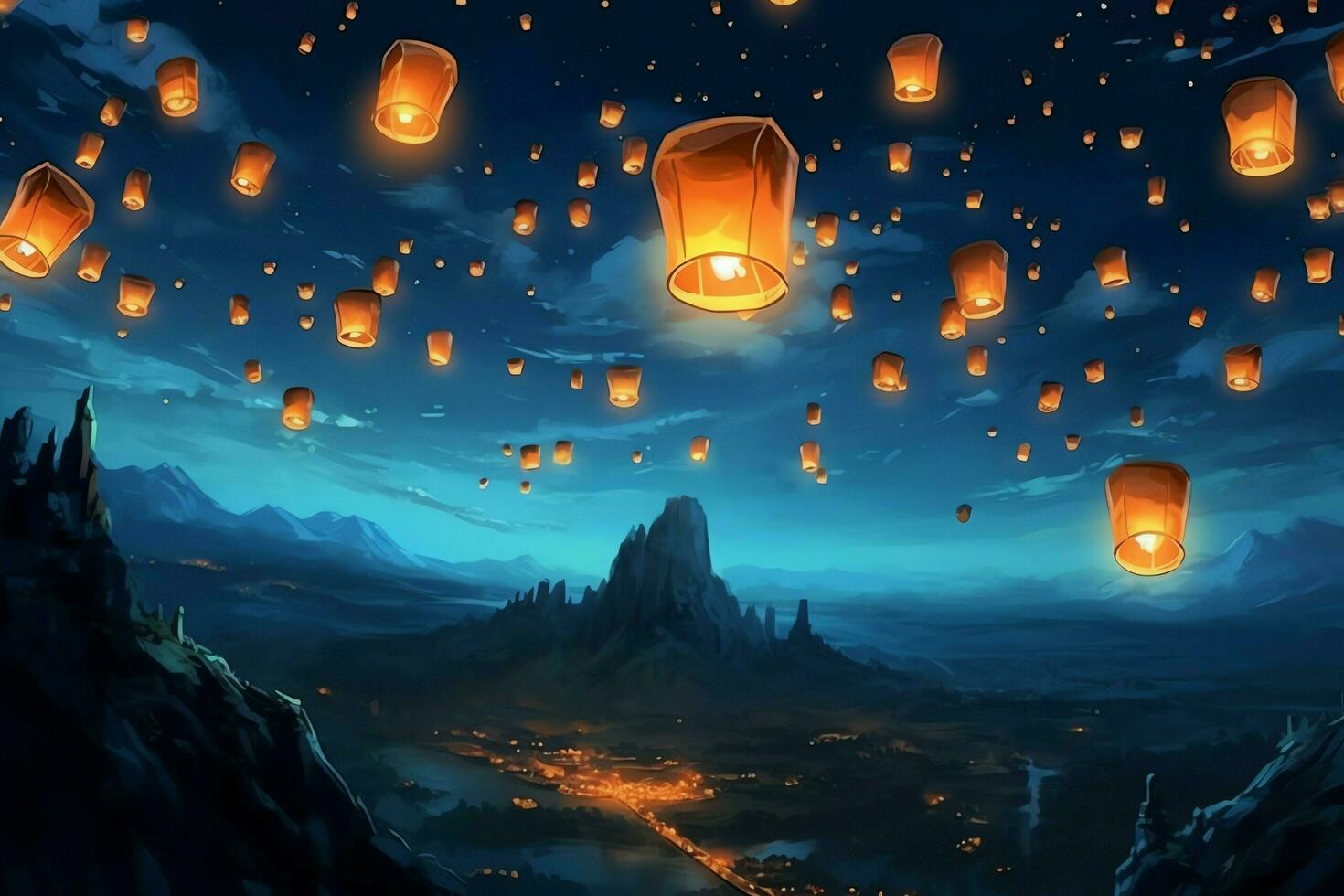 Flying lanterns in the night sky during the diwali festival india, yee peng or midautumn day in china concept by AI Generated photo
