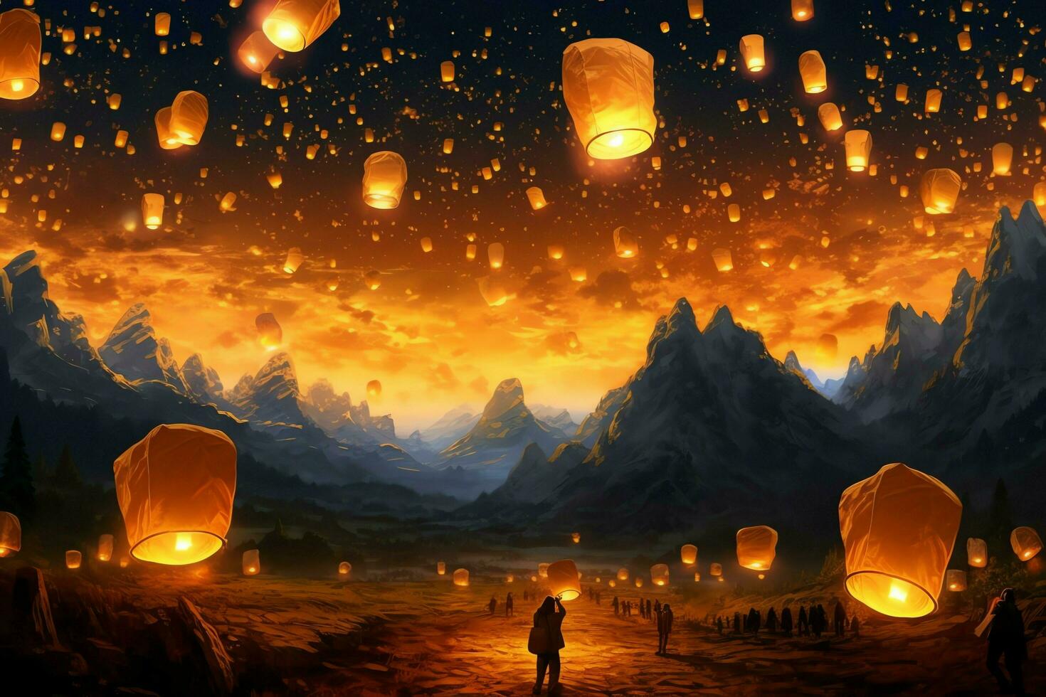 Flying lanterns in the night sky during the diwali festival india, yee peng or midautumn day in china concept by AI Generated photo