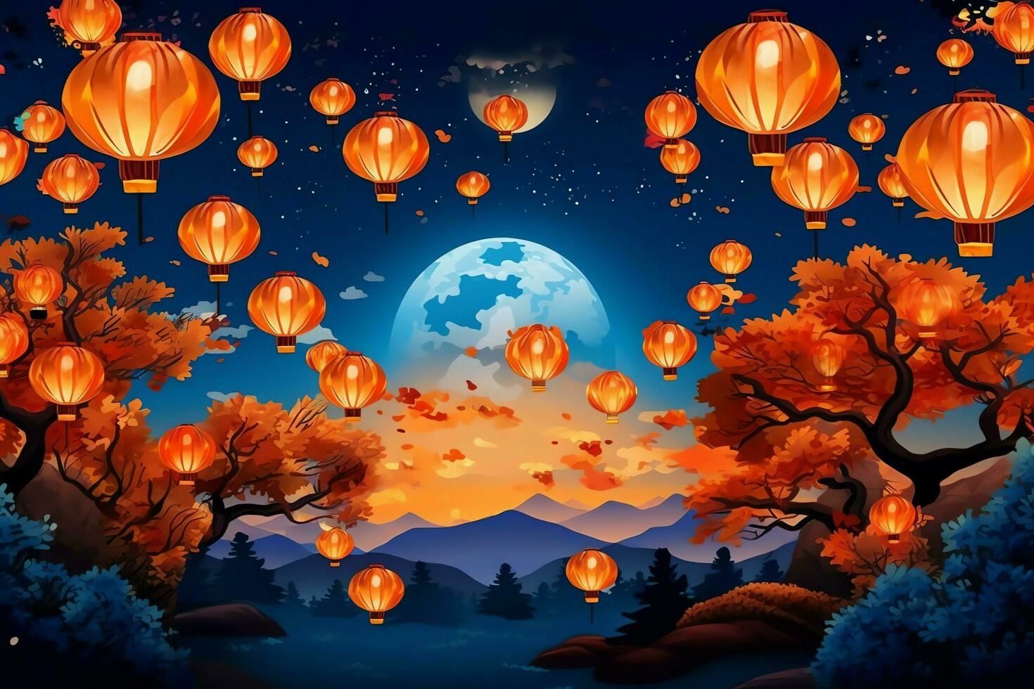 Flying lanterns in the night sky during the diwali festival india, yee peng or midautumn day in china concept by AI Generated photo