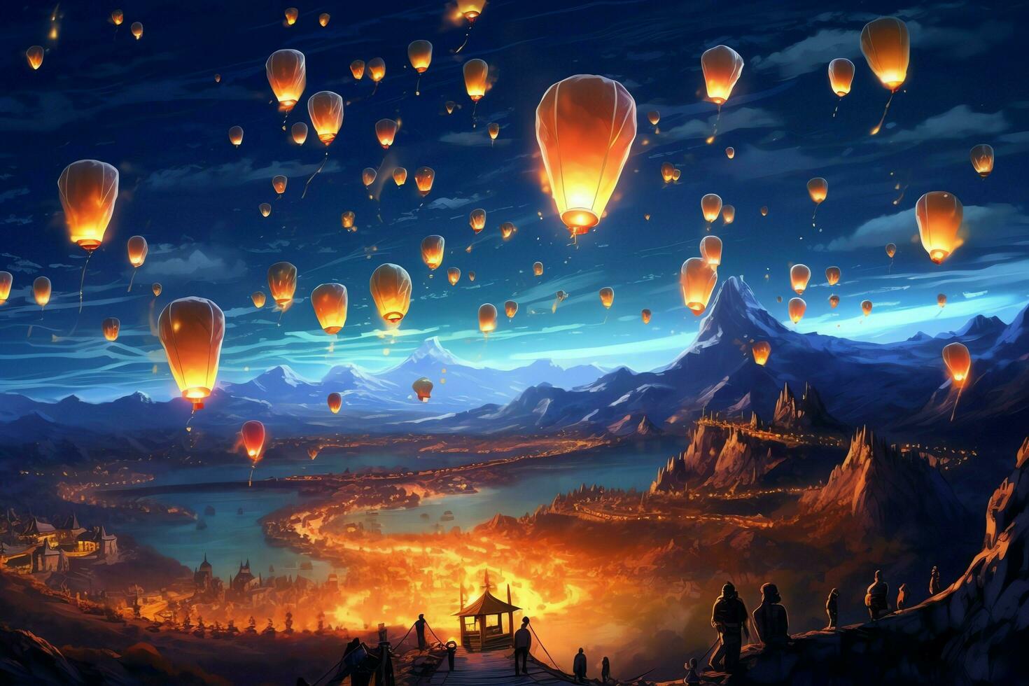 Flying lanterns in the night sky during the diwali festival india, yee peng or midautumn day in china concept by AI Generated photo