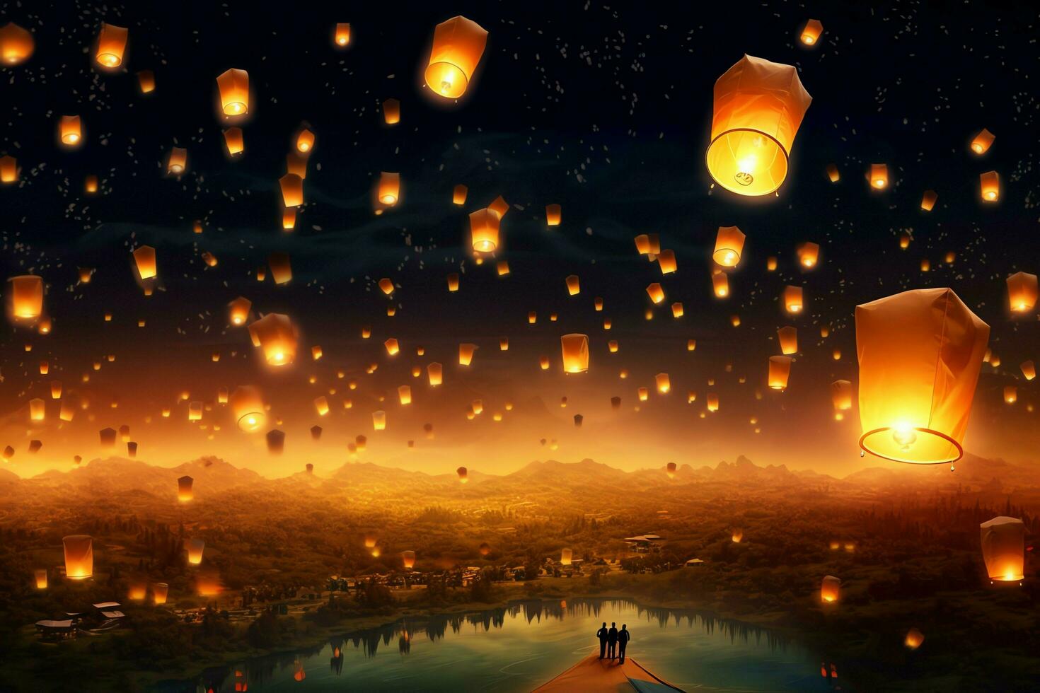 Flying lanterns in the night sky during the diwali festival india, yee peng or midautumn day in china concept by AI Generated photo