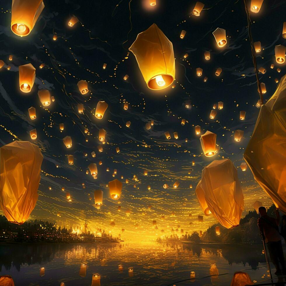 Flying lanterns in the night sky during the diwali festival india, yee peng or midautumn day in china concept by AI Generated photo