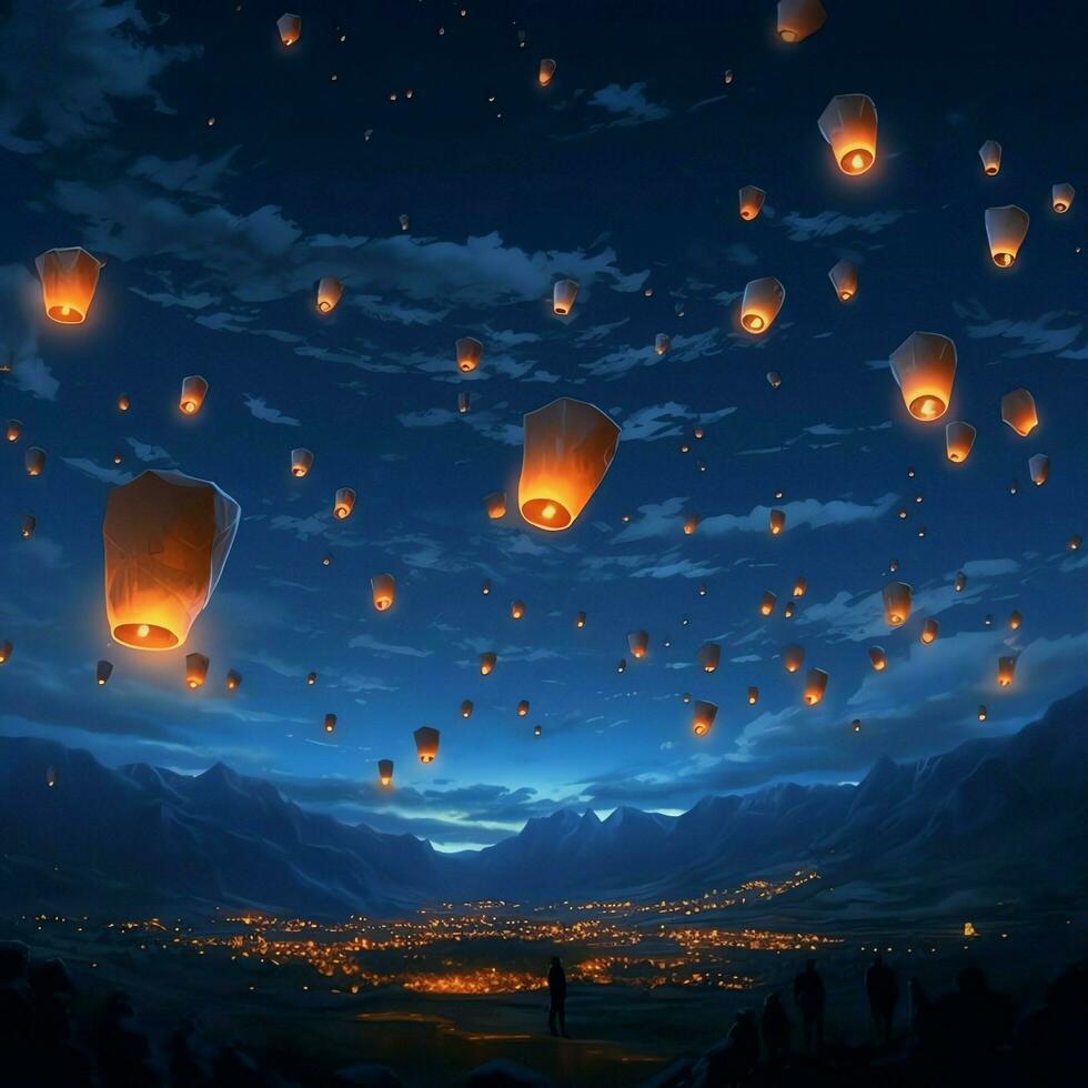 Flying lanterns in the night sky during the diwali festival india, yee peng or midautumn day in china concept by AI Generated photo
