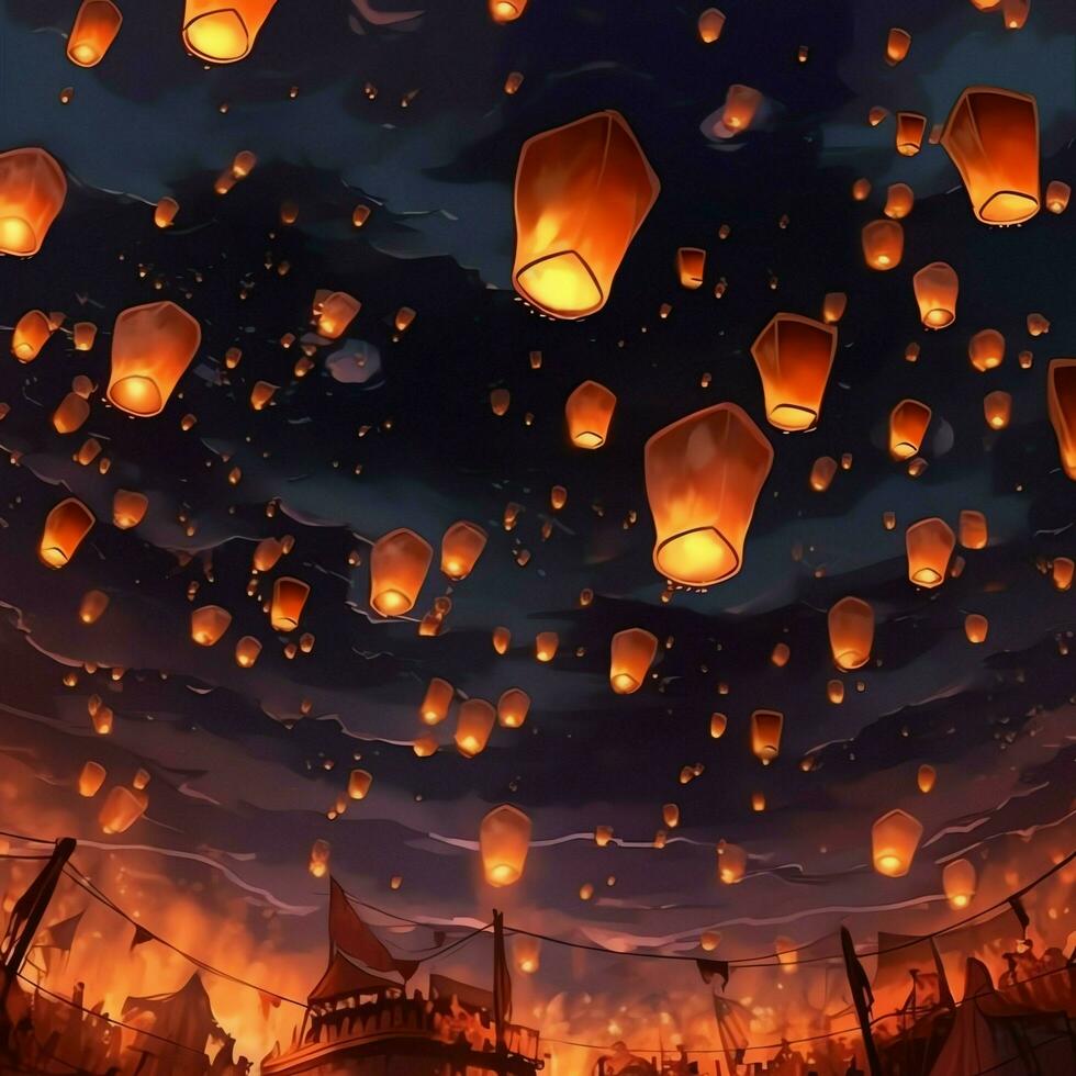 Flying lanterns in the night sky during the diwali festival india, yee peng or midautumn day in china concept by AI Generated photo