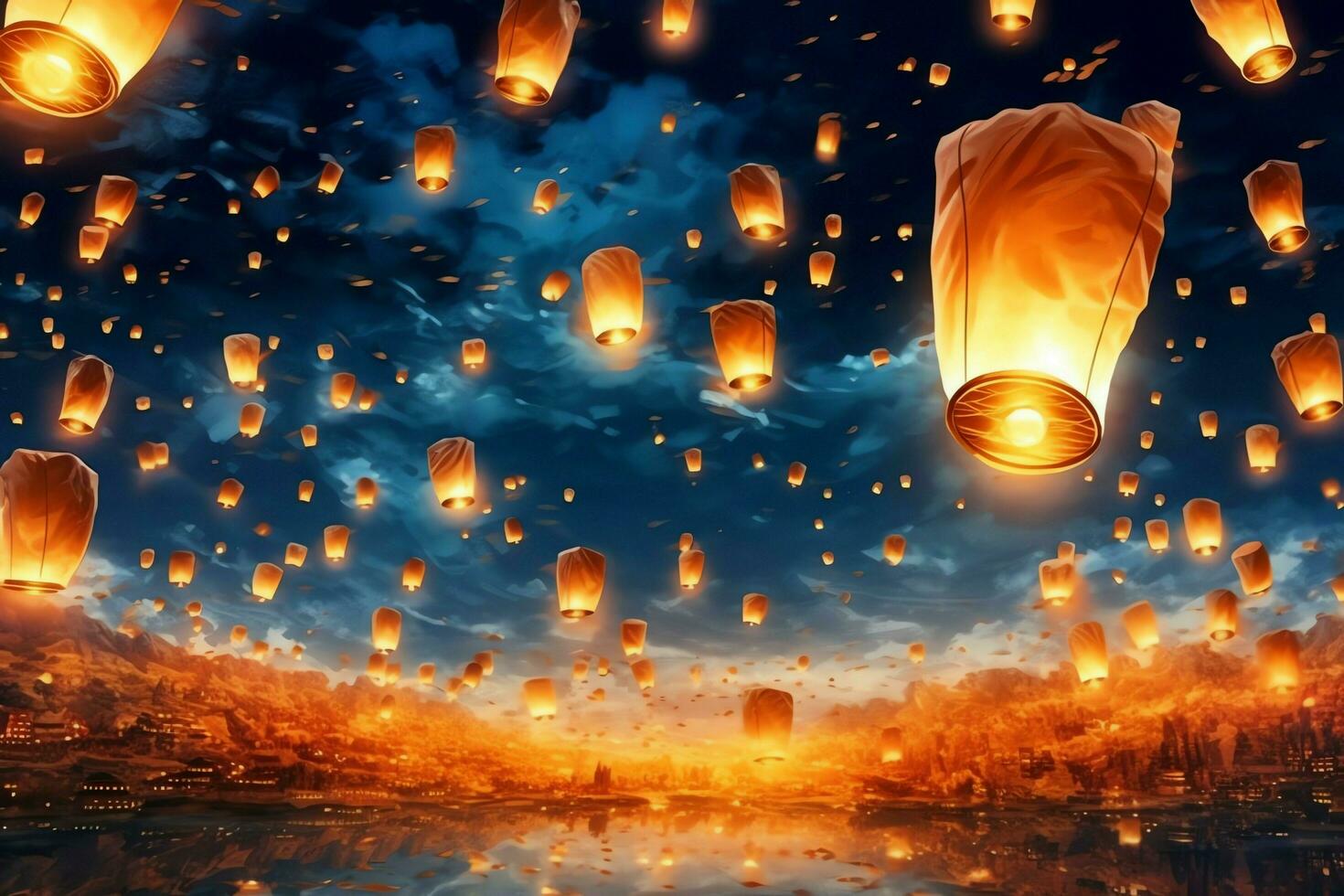 Flying lanterns in the night sky during the diwali festival india, yee peng or midautumn day in china concept by AI Generated photo