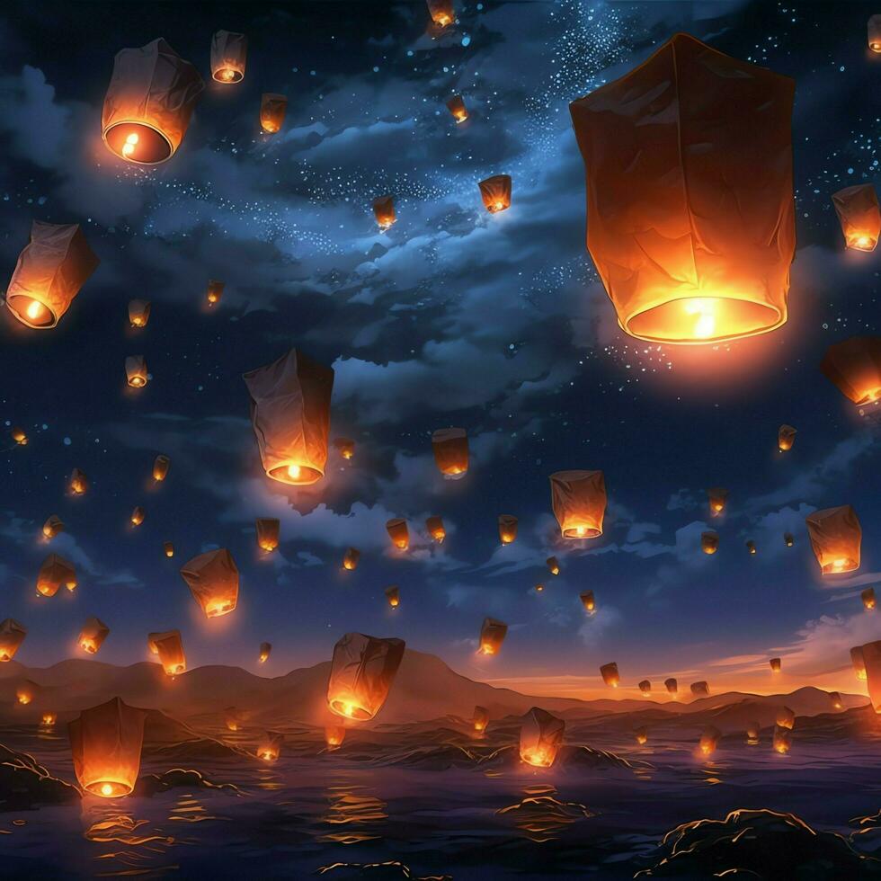 Flying lanterns in the night sky during the diwali festival india, yee peng or midautumn day in china concept by AI Generated photo