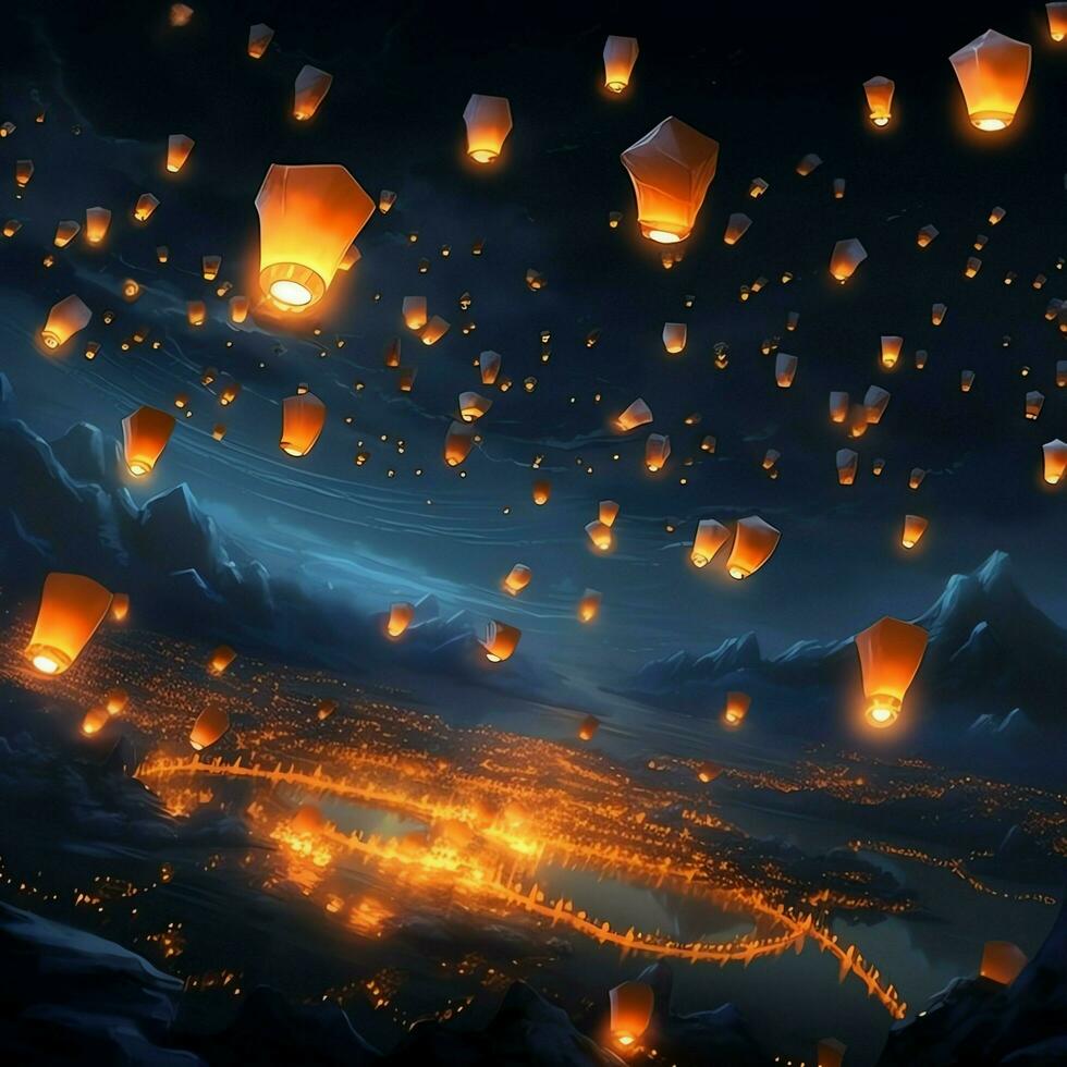 Flying lanterns in the night sky during the diwali festival india, yee peng or midautumn day in china concept by AI Generated photo