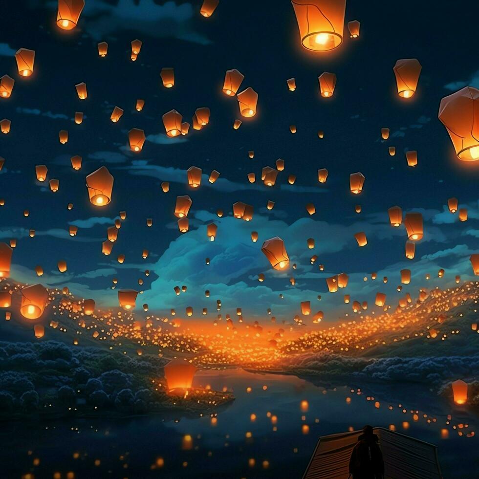 Flying lanterns in the night sky during the diwali festival india, yee peng or midautumn day in china concept by AI Generated photo