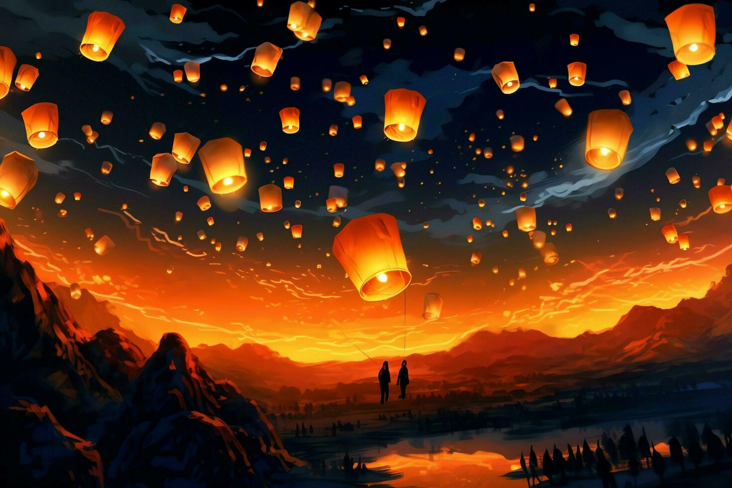 Flying lanterns in the night sky during the diwali festival india, yee peng or midautumn day in china concept by AI Generated photo