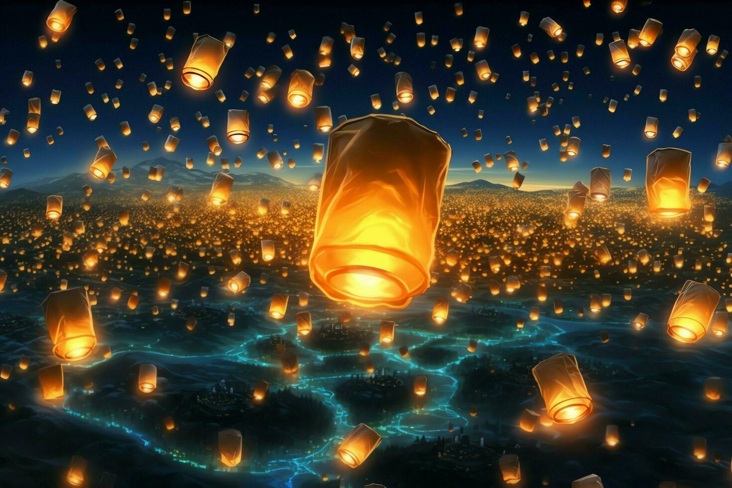 Flying lanterns in the night sky during the diwali festival india, yee peng or midautumn day in china concept by AI Generated photo