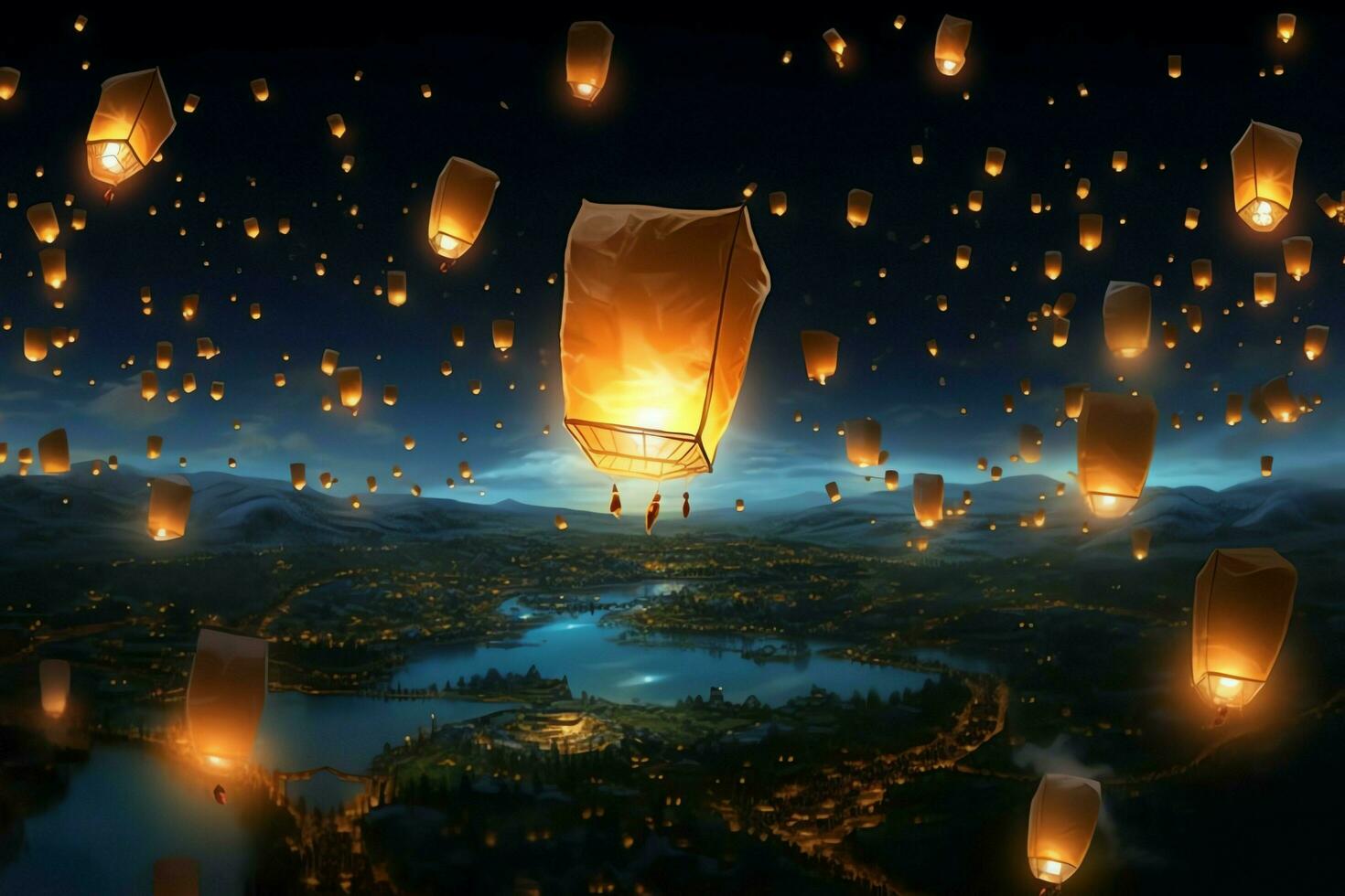 Flying lanterns in the night sky during the diwali festival india, yee peng or midautumn day in china concept by AI Generated photo