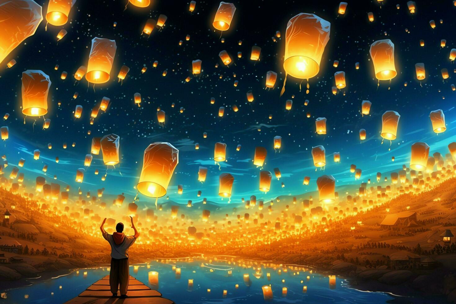 Flying lanterns in the night sky during the diwali festival india, yee peng or midautumn day in china concept by AI Generated photo