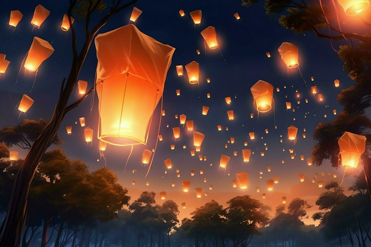 Flying lanterns in the night sky during the diwali festival india, yee peng or midautumn day in china concept by AI Generated photo