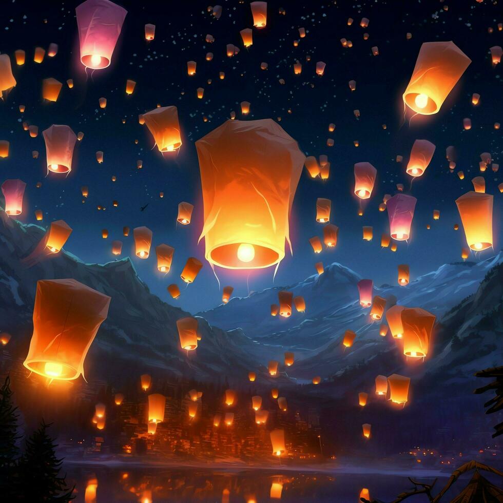 Flying lanterns in the night sky during the diwali festival india, yee peng or midautumn day in china concept by AI Generated photo